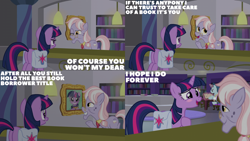 Size: 2000x1125 | Tagged: safe, derpibooru import, edit, edited screencap, editor:quoterific, screencap, dusty pages, twilight sparkle, unicorn twilight, earth pony, unicorn, g4, the point of no return, bag, blushing, book, bookshelf, canterlot library, glasses, horn, library, saddle bag, stool, table