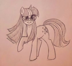 Size: 2048x1881 | Tagged: safe, artist:dariarchangel, derpibooru import, twilight sparkle, unicorn twilight, pony, unicorn, g4, glasses, monochrome, raised hoof, raised leg, round glasses, smiling, solo, traditional art