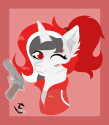 Size: 8320x9548 | Tagged: safe, alternate version, artist:samsailz, derpibooru import, oc, oc:red rocket, pony, unicorn, bruised, bust, clothes, commission, cosplay, costume, gun, handgun, horn, jacket, left 4 dead, left 4 dead 2, looking at you, magic, one eye closed, pistol, portrait, smiling, tracksuit, weapon, wink, winking at you