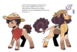 Size: 1312x894 | Tagged: safe, artist:pcktknife, derpibooru import, earth pony, pony, unicorn, glowing, glowing horn, hat, hooves, horn, male, monkey d. luffy, one piece, ponified, simple background, species swap, stallion, straw hat, usopp, white background