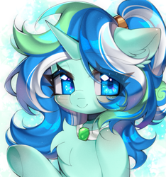 Size: 635x677 | Tagged: safe, derpibooru import, oc, oc only, oc:mistuha, pony, unicorn, chest fluff, eye clipping through hair, female, horn, mare, smiling, solo, underhoof