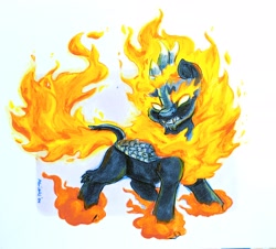 Size: 2048x1850 | Tagged: safe, artist:avui, derpibooru import, oc, kirin, nirik, angry, fire, solo, traditional art