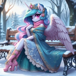 Size: 1024x1024 | Tagged: safe, ai content, derpibooru import, generator:bing image creator, generator:dall-e 3, machine learning generated, princess celestia, anthro, g4, bench, blushing, boots, cloak, clothes, crown, dress, elegant, high heel boots, high heels, jewelry, looking at you, prompter:glimmy-glam, regalia, scarf, shoes, sitting, skirt, snow, solo, winter
