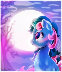 Size: 1908x2214 | Tagged: safe, artist:avui, derpibooru import, fizzy, unicorn, g1, horn, moon, solo