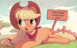 Size: 3050x1906 | Tagged: safe, artist:nookprint, derpibooru import, applejack, earth pony, pony, g4, apple, applejack's hat, bandana, clothes, cloud, cowboy hat, cute, female, fence, food, freckles, grass, hat, high res, jackabetes, lying down, mare, neckerchief, on side, open mouth, open smile, sign, sky, smiling, solo, sparkles, tree
