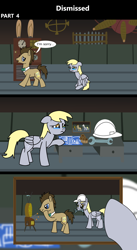 Size: 1920x3516 | Tagged: safe, artist:platinumdrop, derpibooru import, derpy hooves, doctor whooves, earth pony, pegasus, pony, comic:dismissed, g4, 3 panel comic, alternate timeline, blueprint, bowtie, clothes, comic, commission, crying, despair, dialogue, doctor whooves' lab, dumped, duo, duo male and female, ears, ears back, female, female pov, fired, floppy ears, folded wings, food, frown, hard hat, hat, heartbreak, hooves, indoors, lab, laboratory, looking at someone, looking at something, machine, machinery, male, mare, mouth hold, muffin, offscreen character, offscreen female, open mouth, photo, picture frame, pov, sad, scrunchy face, sitting, speech bubble, stallion, table, talking, tears of sadness, teary eyes, this will not end well, tool, walking, walking away, wings, wings down, wrench