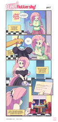 Size: 1080x2250 | Tagged: safe, artist:traupa, derpibooru import, fluttershy, anthro, pegasus, unguligrade anthro, comic:ow! fluttershy!, g4, breasts, clothes, eyes closed, female, hootershy, job, maid, male, offscreen character, speech bubble, waitress