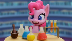 Size: 1920x1080 | Tagged: safe, derpibooru import, screencap, pinkie pie, earth pony, pony, g4, g4.5, my little pony: stop motion short, cute, library, smiling, solo, test tube, twilight's castle, twilight's castle library