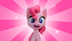 Size: 1920x1080 | Tagged: safe, derpibooru import, screencap, pinkie pie, earth pony, pony, g4, g4.5, my little pony: stop motion short, cute, solo, sunburst background, surprised