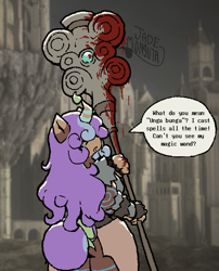 Size: 584x721 | Tagged: safe, artist:jade monsuta, derpibooru import, oc, oc:mellow meadow, anthro, unicorn, anthro oc, artificial horn, barbarian, blood, bodypaint, bow, castle, coat markings, curly hair, elden ring, facial markings, female, hair over eyes, highlights, horn, looking back, mealy mouth (coat marking), screenshot background, socks (coat marking), solo, staff, tail, tail bow, tail bun, talking to viewer, unicorn oc, weapon