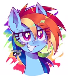 Size: 1530x1748 | Tagged: safe, artist:l4zy_4le, derpibooru import, rainbow dash, pegasus, pony, g4, blushing, bust, eye clipping through hair, eyebrows, eyebrows visible through hair, female, grin, lidded eyes, mare, simple background, smiling, solo, white background