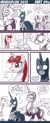 Size: 600x1467 | Tagged: safe, artist:johnjoseco, derpibooru import, princess celestia, princess luna, oc, oc:fausticorn, alicorn, pony, g4, alicorn oc, ask princess molestia, badge, batman, clothes, comic, con badge, cosplay, costume, dc comics, female, green lantern, horn, lauren faust, mare, partial color, princess molestia, wings, wondercon 2012