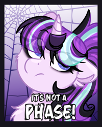 Size: 1200x1500 | Tagged: safe, artist:lbrcloud, derpibooru import, starlight glimmer, pony, unicorn, g4, badge, edgelight glimmer, eye clipping through hair, female, goth, horn, horn cap, it's not a phase, mare, solo, spider web