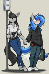 Size: 1410x2110 | Tagged: safe, artist:sinrar, derpibooru import, dj pon-3, octavia melody, vinyl scratch, anthro, earth pony, unguligrade anthro, unicorn, g4, backwards ballcap, baseball cap, blushing, briefcase, brown background, bus stop, cap, cellphone, clothes, duo, ear piercing, earring, female, hat, holding hands, horn, jewelry, lesbian, looking up, mare, phone, piercing, scratchtavia, shipping, simple background, smartphone, smiling, tail, tail wag