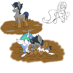 Size: 6000x6000 | Tagged: safe, artist:pzkratzer, derpibooru import, king sombra, princess celestia, g4, butt, colored sketch, cute, dirty, duo, female, good king sombra, hug, looking back, lying down, male, mud, muddy, on back, plot, ship:celestibra, shipping, simple background, sketch, straight