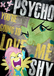 Size: 900x1273 | Tagged: safe, artist:skeptic-mousey, derpibooru import, fluttershy, g4, flutterrage, insanity, poster, psycho, typography, you're going to love me