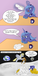 Size: 1500x3000 | Tagged: safe, artist:kitsune-the-fox, derpibooru import, derpy hooves, princess luna, pegasus, pony, g4, derpy being derpy, earth, female, mail, mailbox, mailpony, mare, misspelling, moon, personality core, portal (valve), s1 luna, space core