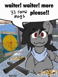 Size: 1270x1680 | Tagged: safe, artist:reddthebat, derpibooru import, oc, oc only, earth pony, pony, ammunition, bandana, dialogue, eyebrows, eyebrows visible through hair, eyelashes, femboy, looking at you, lying down, male, prone, shell casings, smiling, smiling at you, solo, speech bubble, stallion, sternocleidomastoid