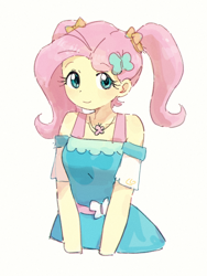 Size: 600x800 | Tagged: safe, artist:fuyugi, derpibooru import, fluttershy, human, better together, equestria girls, g4, clothes, cute, dress, female, looking at you, pigtails, shyabetes, simple background, smiling, smiling at you, solo, twintails, white background