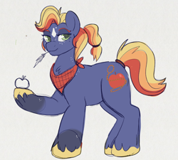Size: 2398x2159 | Tagged: safe, artist:lulubell, derpibooru import, oc, oc only, oc:atlas, earth pony, pony, apple, bandana, big mare, female, food, freckles, looking at you, magical lesbian spawn, mare, not tracy tailspin, offspring, parent:applejack, parent:rainbow dash, parents:appledash, ponytail, solo, straw in mouth