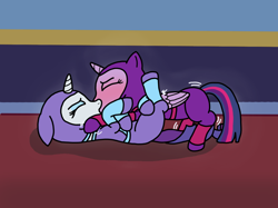 Size: 1258x941 | Tagged: safe, artist:author92, derpibooru import, rarity, twilight sparkle, alicorn, pony, unicorn, blushing, brightly colored ninjas, chokehold, eyes closed, female, horn, kunoichi, leg lock, lesbian, martial arts, ninja, rarilight, shipping, triangle choke, twilight's castle