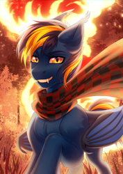 Size: 2480x3507 | Tagged: safe, artist:fenwaru, derpibooru import, oc, oc only, oc:solaris, bat pony, pony, bat pony oc, clothes, fangs, fire, looking at you, male, scarf, solo