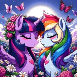 Size: 1024x1024 | Tagged: source needed, safe, ai content, derpibooru import, generator:bing image creator, generator:dall-e 3, machine learning generated, rainbow dash, twilight sparkle, twilight sparkle (alicorn), alicorn, butterfly, pegasus, pony, dithering, duo, eyes closed, female, flower, heart, lesbian, prompter needed, shipping, twidash