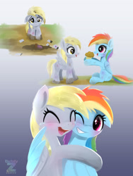 Size: 1800x2400 | Tagged: safe, artist:darksly, derpibooru import, derpy hooves, rainbow dash, pegasus, pony, g4, blushing, bruised, crying, cupcake, cute, dashabetes, derpabetes, duo, eyes closed, female, filly, filly derpy, filly rainbow dash, foal, food, friendshipping, gradient background, hug, mail, mare, mud, one eye closed, open mouth, scratches, smiling, tears of joy, younger