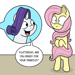 Size: 774x774 | Tagged: safe, artist:doodledonutart, derpibooru import, fluttershy, rarity, pegasus, pony, unicorn, anxious, bipedal, duo, horn, long hair, speech bubble, text