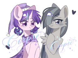 Size: 1080x810 | Tagged: source needed, safe, derpibooru import, marble pie, oc, oc:delia ino, earth pony, pony, unicorn, canon x oc, clothes, female, friends, friendship, hat, heart, horn, looking at you, looking back, looking back at you, scarf, simple background, unicorn oc, white background