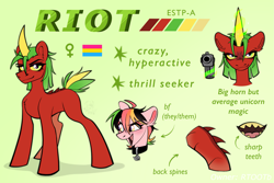 Size: 2429x1620 | Tagged: safe, artist:rtootb, derpibooru import, oc, oc:riot, dracony, dragon, hybrid, unicorn, collar, fangs, female, green eyes, gun, horn, hybrid oc, looking at you, mare, nonbinary, pansexual pride flag, pride, pride flag, reference sheet, smiling, smirk, spikes, teeth, text, weapon