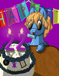 Size: 700x900 | Tagged: safe, artist:lukasz, derpibooru import, oc, earth pony, pony, birthday, cake, food, happy