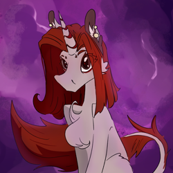 Size: 1450x1450 | Tagged: safe, artist:destiny_manticor, derpibooru import, oc, oc only, pony, unicorn, cheek fluff, chest fluff, eye clipping through hair, female, horn, leonine tail, mare, red hair, simple background, solo, tail, unicorn oc