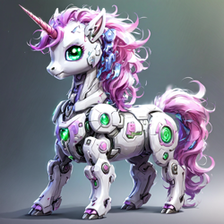 Size: 1536x1536 | Tagged: safe, ai content, derpibooru import, machine learning generated, sweetie belle, sweetie bot, pony, robot, robot pony, unicorn, g4, cloven hooves, female, full body, generator:playground ai, gradient background, horn, messy mane, prompter:pawels, solo