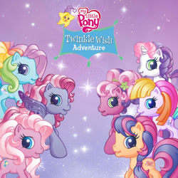 Size: 1200x1200 | Tagged: safe, derpibooru import, cheerilee (g3), pinkie pie (g3), rainbow dash (g3), scootaloo (g3), starsong, sweetie belle (g3), toola roola, g3, g3.5, twinkle wish adventure, album, album cover, core seven, cover, logo, looking at you, official, simple background, smiling, smiling at you, sparkles, violet background