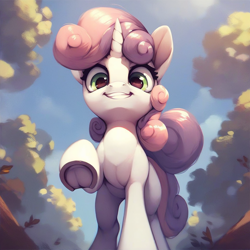 Size: 1024x1024 | Tagged: safe, ai content, derpibooru import, machine learning generated, sweetie belle, hooves, looking at you, low angle, nudity, pony pussy, raised hoof, raised leg, underhoof, vulva