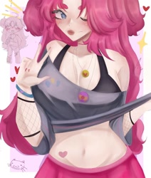 Size: 1084x1280 | Tagged: safe, artist:roltic, derpibooru import, pinkie pie, human, belly button, blushing, bra, bra strap, clothes, female, heart, humanized, jewelry, lipstick, makeup, midriff, nail polish, necklace, one eye closed, peace sign, shirt, simple background, solo, tattoo, underwear, white background, wink, wristband