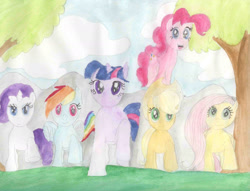 Size: 1650x1262 | Tagged: safe, artist:artist-srf, derpibooru import, applejack, fluttershy, pinkie pie, rainbow dash, rarity, twilight sparkle, earth pony, pegasus, pony, unicorn, female, front view, horn, mane six, mare, running, traditional art