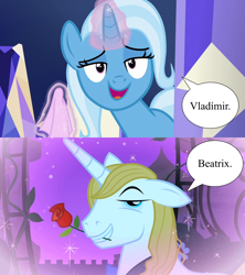 Size: 1280x1440 | Tagged: safe, derpibooru import, edit, edited screencap, screencap, prince blueblood, trixie, all bottled up, g4, the best night ever, beatrix lulamoon, female, flower, male, name, napkin, prince vladimir, rose, ship:bluetrix, shipping, smiling, speech bubble, straight