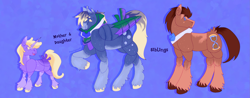 Size: 3041x1194 | Tagged: safe, artist:peachpaws0, derpibooru import, derpy hooves, dinky hooves, doctor whooves, earth pony, pegasus, unicorn, g4, bowtie, chest fluff, family, female, filly, foal, freckles, horn, lavender sunrise au, mother and child, mother and daughter, parent and child, parent:derpy hooves, siblings, tail, tail feathers, torn ear, trio