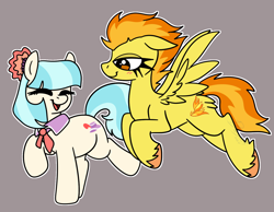 Size: 1348x1048 | Tagged: safe, artist:bluemoon, derpibooru import, coco pommel, spitfire, earth pony, pegasus, pony, blushing, clothes, cocofire, crack shipping, duo, duo female, eyes closed, female, flying, laughing, lesbian, shipping, spread wings, trotting, unshorn fetlocks, wings