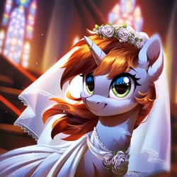 Size: 1024x1024 | Tagged: safe, ai content, derpibooru import, generator:pony diffusion v6 xl, generator:stable diffusion, machine learning generated, oc, oc only, oc:littlepip, pony, unicorn, fallout equestria, beautiful, church, clothes, cute, dress, flower, horn, looking at you, prompter:pnygen v0.41, smiling, solo, veil, wedding dress, wedding veil