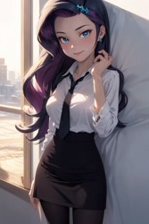 Size: 1024x1536 | Tagged: safe, ai content, derpibooru import, editor:sammykun, generator:yodayo, machine learning generated, rarity, human, equestria girls, g4, big breasts, blurry background, breasts, button-up shirt, clothes, curvy, female, hourglass figure, humanized, indoors, long hair, long sleeved shirt, long sleeves, looking at you, pantyhose, pencil skirt, prompter:sammykun, raritits, shirt, skirt, solo, sultry pose, unbuttoned, underwear, white shirt
