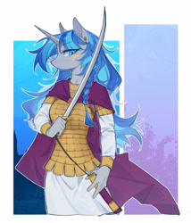 Size: 2454x2865 | Tagged: safe, artist:柒食萬, derpibooru import, oc, oc only, oc:cork, anthro, unicorn, anthro oc, armor, byzantine, cloak, clothes, cute, dark skin, egyptian, female, greek, horn, lamellar armor, mare, roman, solo, sword, weapon