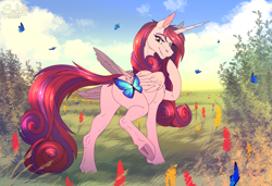 Size: 1600x1092 | Tagged: safe, artist:sunny way, derpibooru import, princess cadance, oc, oc:bleeding heart, alicorn, butterfly, pony, unicorn, art, artwork, cute, digital art, field, flower, hooves, horn, nightmare cadance, nightmarified, reward, shy, sky, smiling, solo, wings