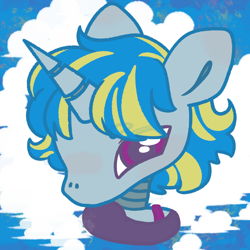 Size: 1000x1000 | Tagged: safe, artist:linkedwolf, derpibooru import, oc, oc only, oc:nei zin, robot, unicorn, bust, clothes, cute, eye clipping through hair, female, gynoid, horn, mare, no mouth, portrait, purple eyes, secret santa, solo, two toned hair