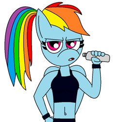 Size: 668x718 | Tagged: safe, artist:alonso1711, derpibooru import, rainbow dash, anthro, alternate hairstyle, armband, bikini, breasts, clothes, exercise, female, open mouth, ponytail, rainboob dash, solo, solo female, swimsuit, water bottle, working out