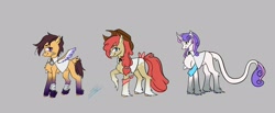 Size: 2498x1030 | Tagged: safe, artist:arcticsaiyan, derpibooru import, apple bloom, scootaloo, sweetie belle, earth pony, pegasus, pony, unicorn, bow, cape, clothes, cmc cape, coat markings, cowboy hat, cutie mark crusaders, hat, horn, leonine tail, redesign, simple background, socks (coat marking), tail, tail bow