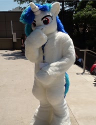 Size: 610x800 | Tagged: artist needed, safe, derpibooru import, dj pon-3, vinyl scratch, unicorn, boop, fursuit, horn, irl, outdoors, photo, ponysuit, self-boop, solo