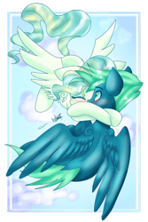 Size: 1024x1536 | Tagged: safe, artist:fleetyarrowdraw, derpibooru import, sky stinger, vapor trail, pegasus, pony, cloud, duo, female, flying, hug, male, mare, ship:vaporsky, shipping, sky, stallion, straight